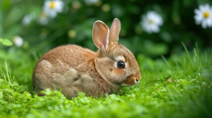 Fototapeta premium a small rabbit sitting in the grass with daisies in the backgroup of it's head.