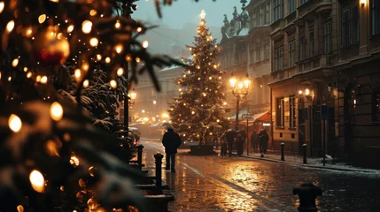 Foto op Canvas Holiday decoration in street with beautiful historical buildings in winter with snow and fog in Prague city in Czech Republic in Europe. © Joyce