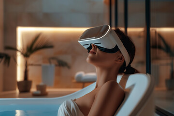 Naklejka premium Woman Relaxing with Virtual Reality Headset lay on the bathtub.