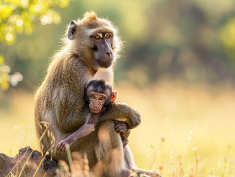 A mother baboon tenderly holds her baby in a loving embrace. - Powered by Adobe