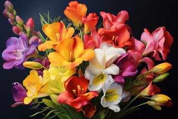 Obraz na płótnie Canvas Colorful Painting freesias. Art nature table. Generate Ai