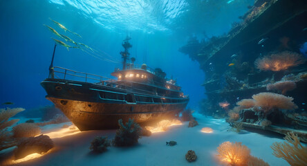 AI generated underwater scene with very shipwrecks and luminous plants