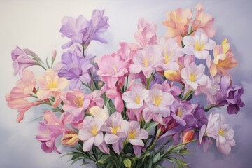 Delicate Painting freesias. Art nature table. Generate Ai