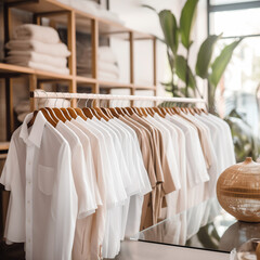 Fototapeta na wymiar Elegant Boutique Display with White Shirts and Tropical Decor