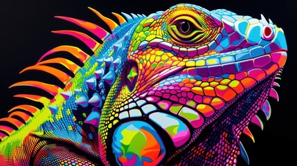  a close up of a colorful chamelon on a black background with the colors of the rainbow on it's face.