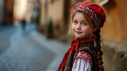 Fototapeta premium A beautiful little girl in traditional Czech clothing in street with historic buildings in the city of Prague, Czech Republic in Europe.