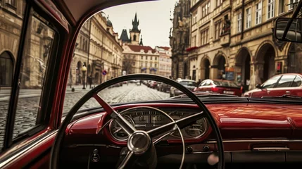Cercles muraux Voitures anciennes Street view from a vintage car with Historic buildings in the city of Prague, Czech Republic in Europe.