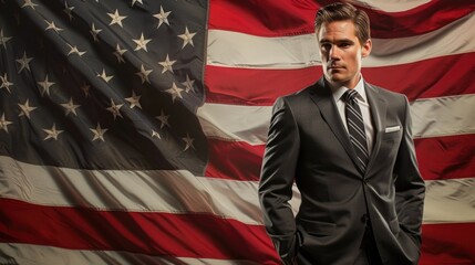 Professional Man in Suit Standing in Front of American Flag. Generative AI.