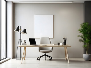 interior of a modern office with a blank poster on the wall design, mock-up with copy space design.