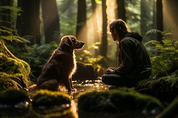 Golden Hour Forest Stroll: Dog and Owner Enjoying Nature