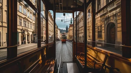 Gordijnen Street view from a vintage tram with Historic buildings in the city of Prague, Czech Republic in Europe. © Joyce