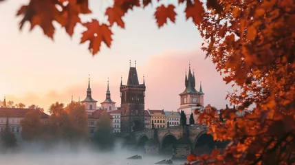 Papier Peint photo Pont Charles Autumn foliage with beautiful historical buildings of Prague city in Czech Republic in Europe.