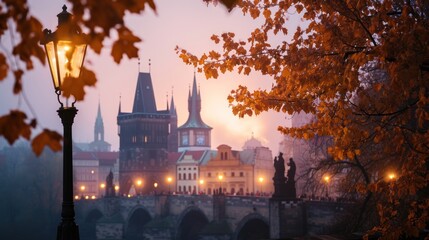 Fototapeta na wymiar Autumn foliage with beautiful historical buildings of Prague city in Czech Republic in Europe.
