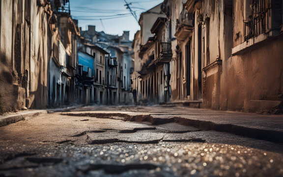 In a busy city street, there is a road with a long crack, depicting the effects of an earthquake. The background appears blurry