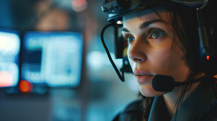 Military communications officer in tactical headset, monitoring screens in a secure operations room.