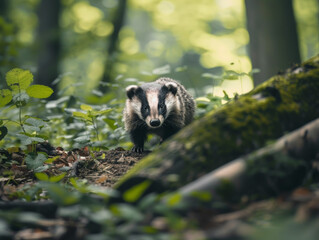 Badger roaming freely across forest floor.