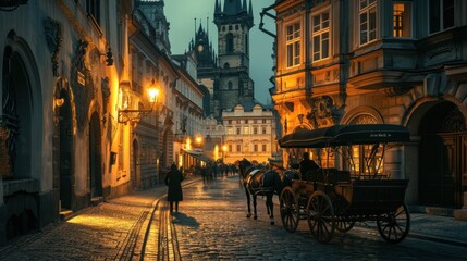 Fototapeta na wymiar Historical street view of Prague City in medieval times. Czech Republic in Europe.