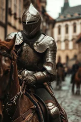 Tuinposter portrait of Medieval soldier on horseback in armor in Prague city in Czech Republic in Europe. © Joyce