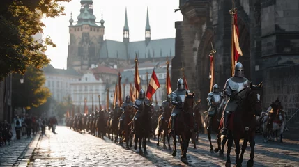 Tuinposter A team of medieval cavalry in armor on horseback marching in Prague city in Czech Republic in Europe. © Joyce