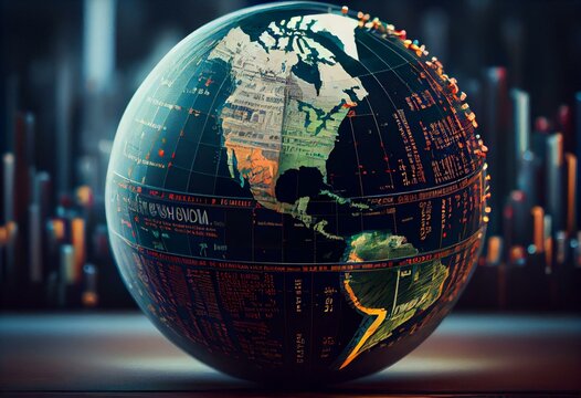 North American economies with stock market tickers on globe. Generative AI © Danilo