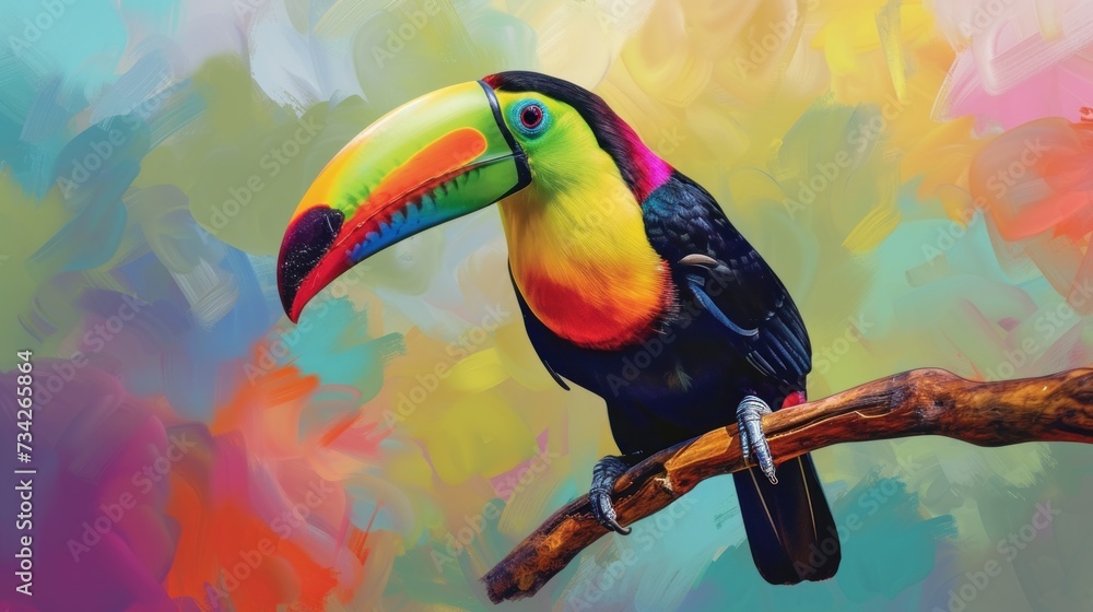 Poster a painting of a colorful toucan sitting on a tree branch with a multicolored background behind it.
