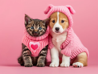 A young cat and dog wearing playful Valentine's costumes, looking adorable.