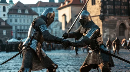 Foto op Canvas Medieval soldier in battle training drill in armor in Prague city in Czech Republic in Europe. © Joyce
