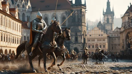 Gordijnen Medieval soldier in battle training drill in armor in Prague city in Czech Republic in Europe. © Joyce