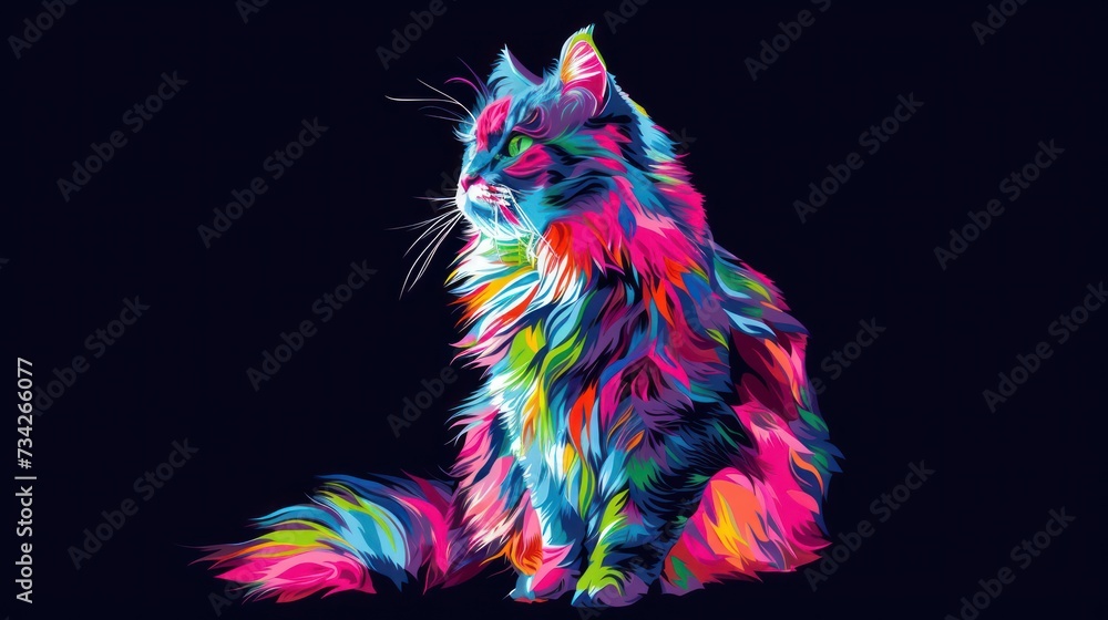 Aufkleber a multicolored cat sitting on a black background with a black background and a black background with