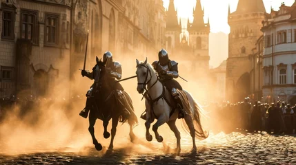 Deurstickers Medieval soldier in battle training drill in armor in Prague city in Czech Republic in Europe. © Joyce