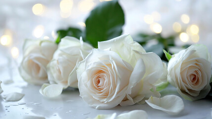 Serene bouquet of white roses against a gentle, luminous backdrop.