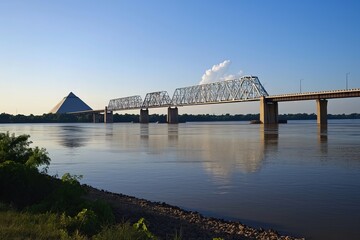 A large bridge spanning the vast Mississippi River, connecting two land masses. - obrazy, fototapety, plakaty