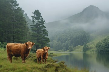 A couple of brown cows standing on top of a vibrant green field.