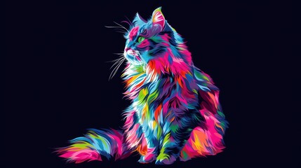  a multicolored cat sitting on a black background with a black background and a black background with a red, yellow, blue, green, pink, orange, and pink, and orange cat.