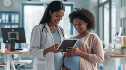 smiling pregnant woman is looking at a tablet screen shown to her by a healthcare professional in a medical office setting. - obrazy, fototapety, plakaty