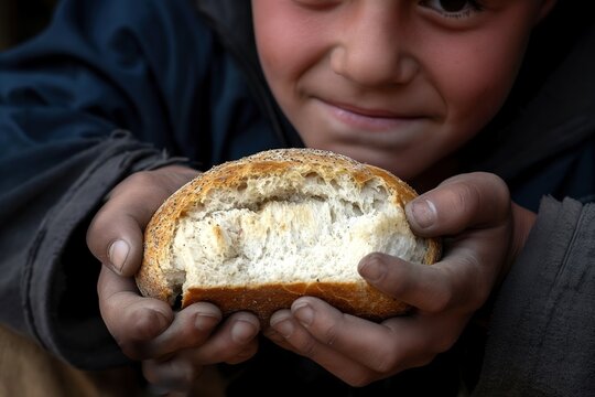 A person emphasizes the connection between food, sustenance, and basic needs by holding a piece of bread in their hands.