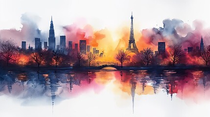 Fototapeta na wymiar A vibrant watercolor painting depicting the iconic Eiffel Tower in Paris, France.
