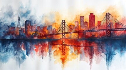 A watercolor painting depicting the skyline of San Francisco, California, featuring a bridge spanning the background.
