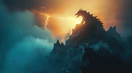 A dragon stand resting on top of a mountain at sunrise with its wings folded.