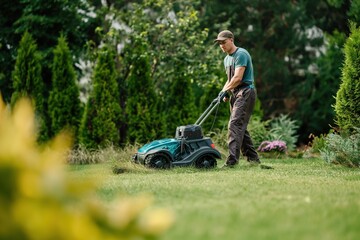 A professional Caucasian gardener is cutting a grassy lawn with a lawnmower.