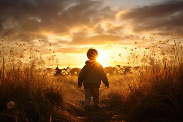 A child stands amidst tall grass, silhouetted against a breathtaking sunset, emanating a sense of wonder and tranquility. - obrazy, fototapety, plakaty