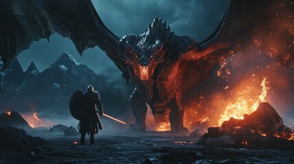 Angry evil dragon with red eyes and fire flames confronted with a medieval warrior. - obrazy, fototapety, plakaty