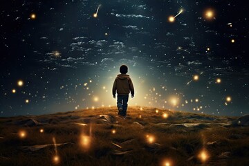 Fototapeta na wymiar A child gazes at golden lights under a starry sky. Mystical and enchanting.