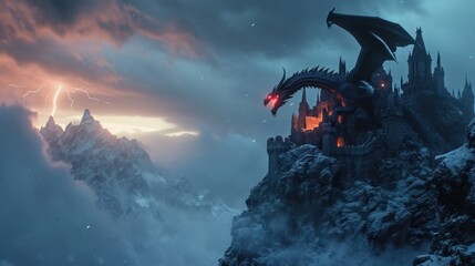 A dragon stand resting on top of a mountain with its wings folded.