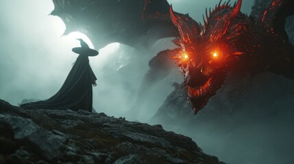 A wizard fight a powerful dragon.