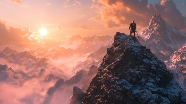 Misty mountain with a medieval warrior on top. Fantasy and adventure concept.