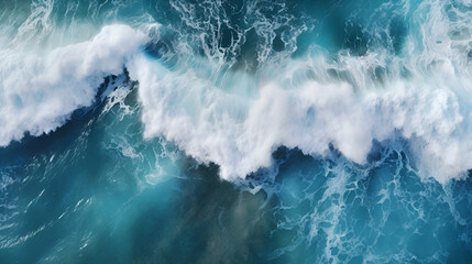 Spectacular aerial top view background photo of ocean sea water white wave splashing in the deep sea. Generated AI - obrazy, fototapety, plakaty