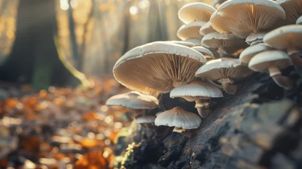 A serene scene of wild mushrooms growing on a decaying log in a forest, bathed in the soft light of a morning sunbeam filtering through autumn leaves. © MP Studio