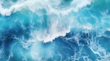 Poster Spectacular aerial top view background photo of ocean sea water white wave splashing in the deep sea. Generated AI © natalystudio