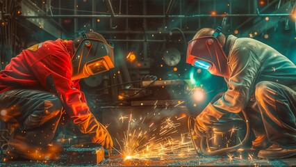 two handymen doing welding and grinding at their workplace while the sparks fly surrounding with wearing a protective helmet for safety.